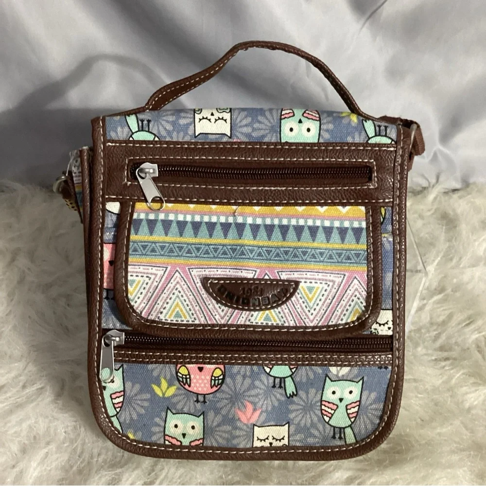 UNIONBAY Owls Colorful Organizer Crossbody Bag with Braided Strap, ID Holder